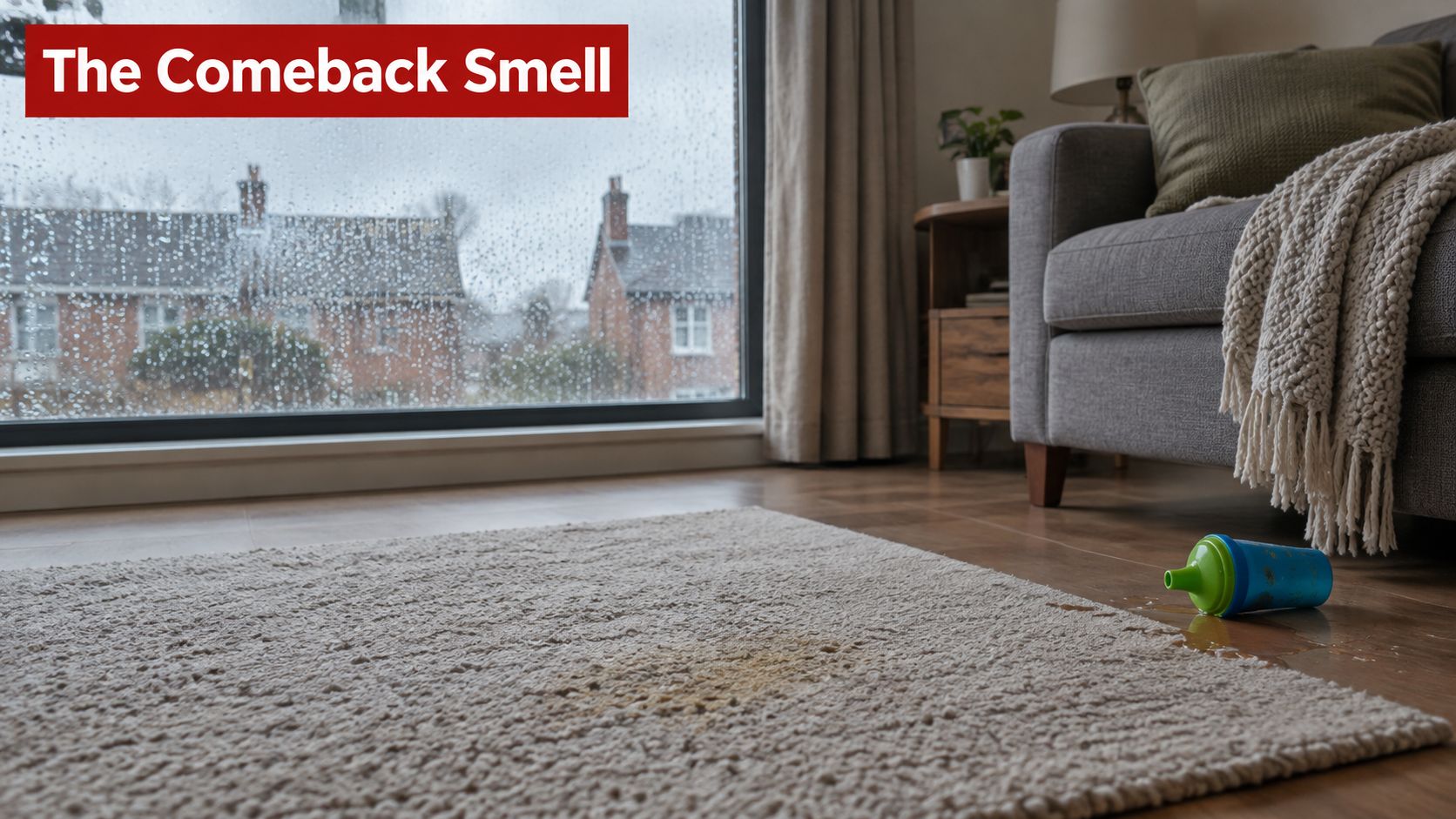 A spill from a toddler sippy cup creates a stain and potential odor on a living room rug.