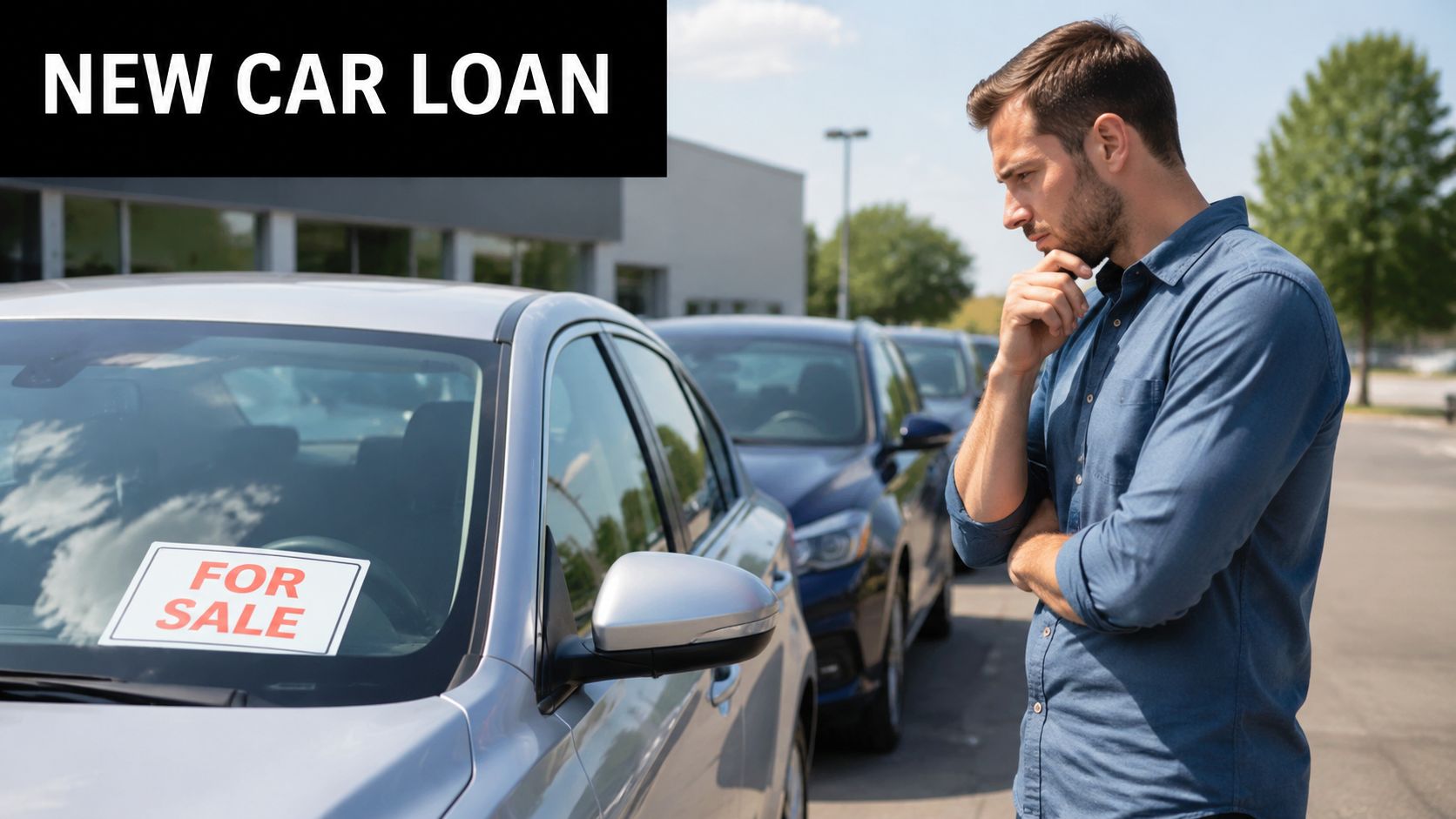 A man in a blue shirt standing at a dealership looking thoughtfully at a car for sale.