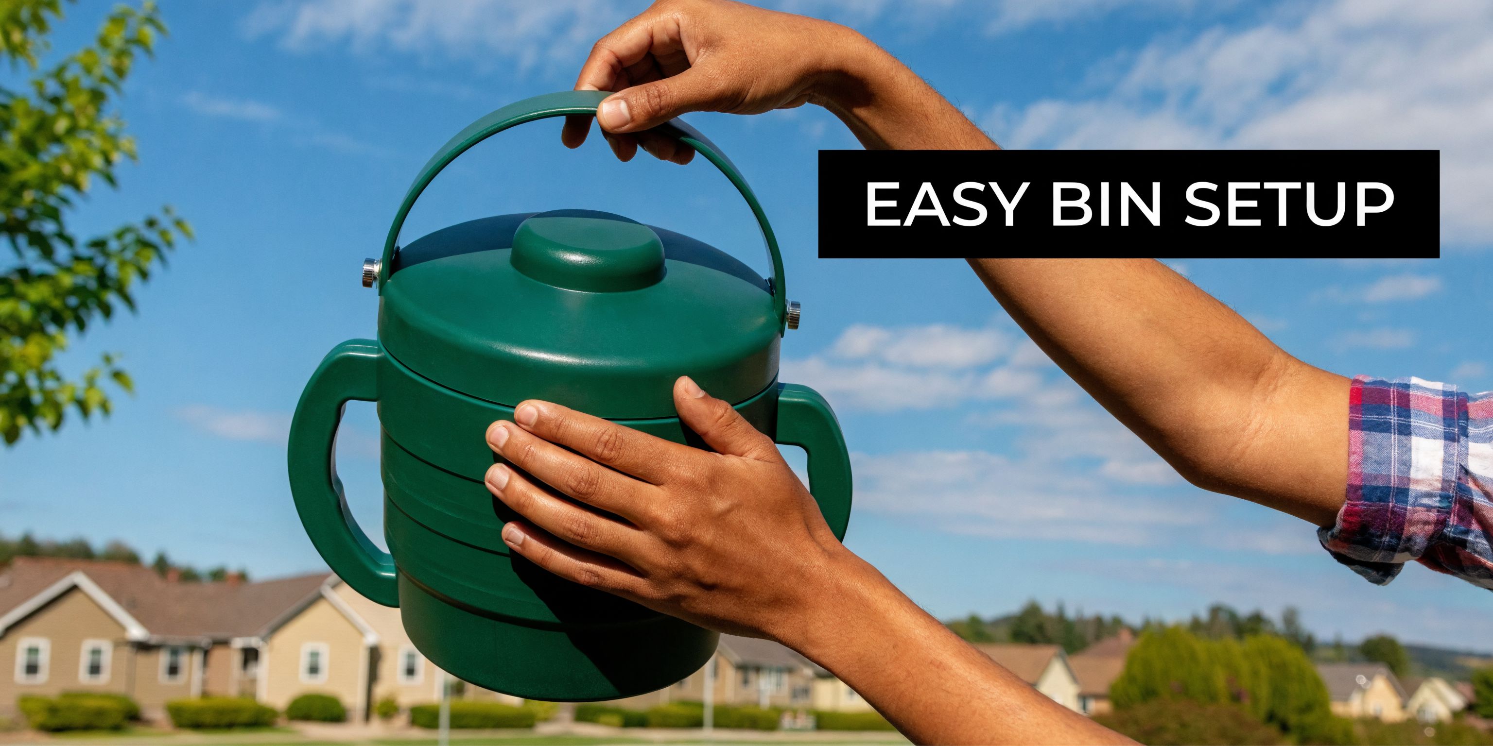 A person holding a green compost bin against a blue sky with residential houses in the background.