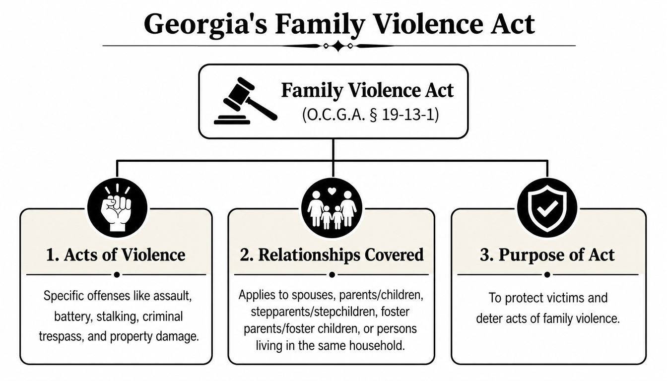 A flowchart outlining the components of Georgia's Family Violence Act, including acts of violence, covered relationships, and purpose.