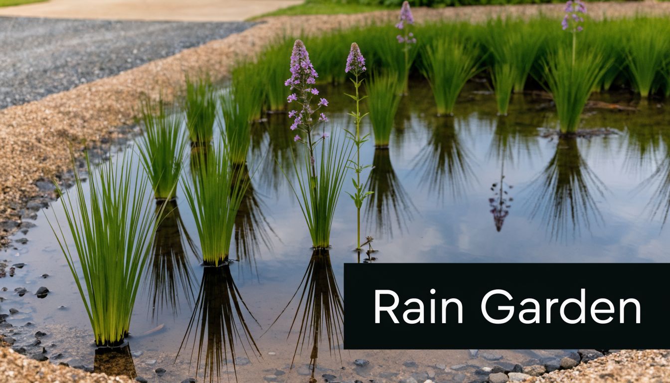 A scenic rain garden with purple flowering aquatic plants reflected in the calm water of a pond.