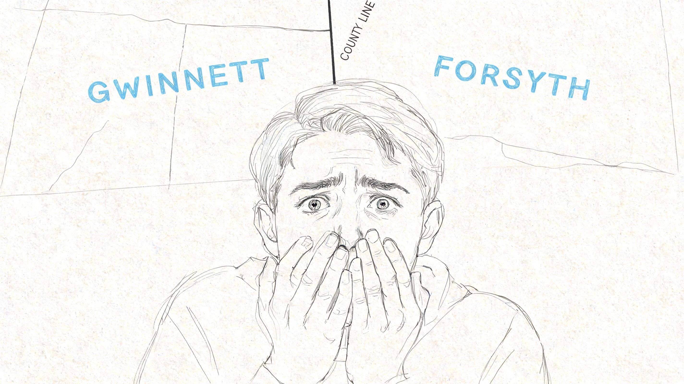 A pencil sketch of a person looking shocked with Gwinnett and Forsyth county labels overhead.