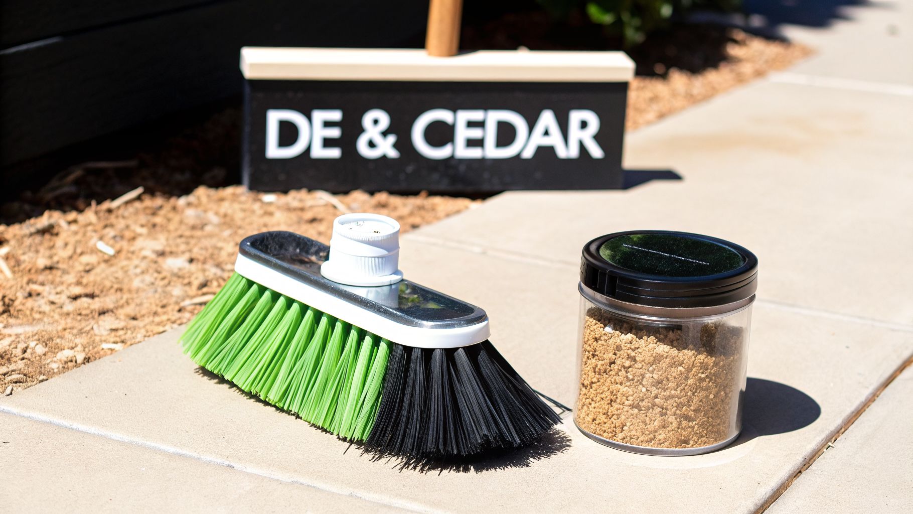 A broom with green and black bristles next to a jar of brown granular powder and a DE & CEDAR sign.