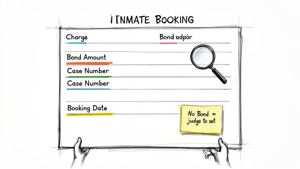 Inmate booking whiteboard detailing charge, bond amount, case number, and booking date. A sticky note explains 'No Bond'.