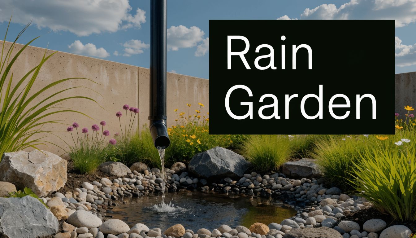 A modern rain garden feature in a backyard with a downspout pouring water into a stone basin.
