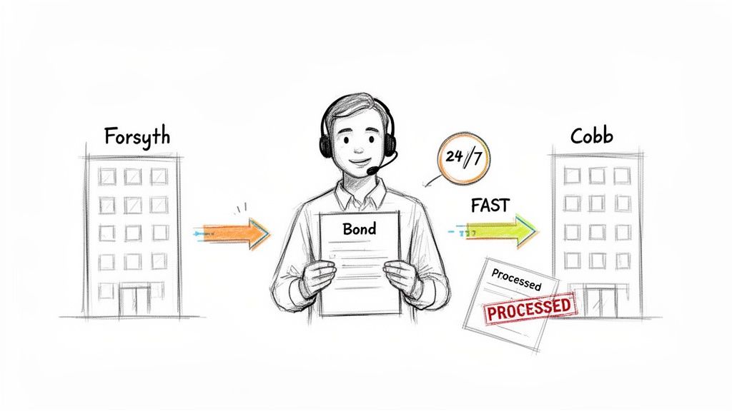 Cartoon illustration of a bond processed quickly from Forsyth to Cobb by a 24/7 service representative.