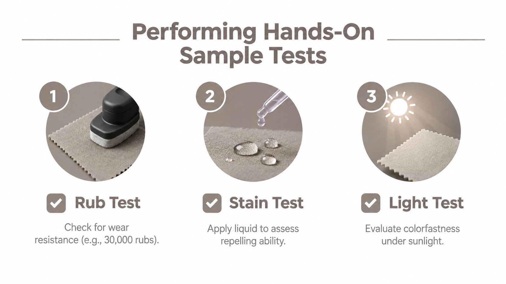 A diagram illustrating three hands-on quality tests for upholstery fabric samples including rub, stain, and light tests.