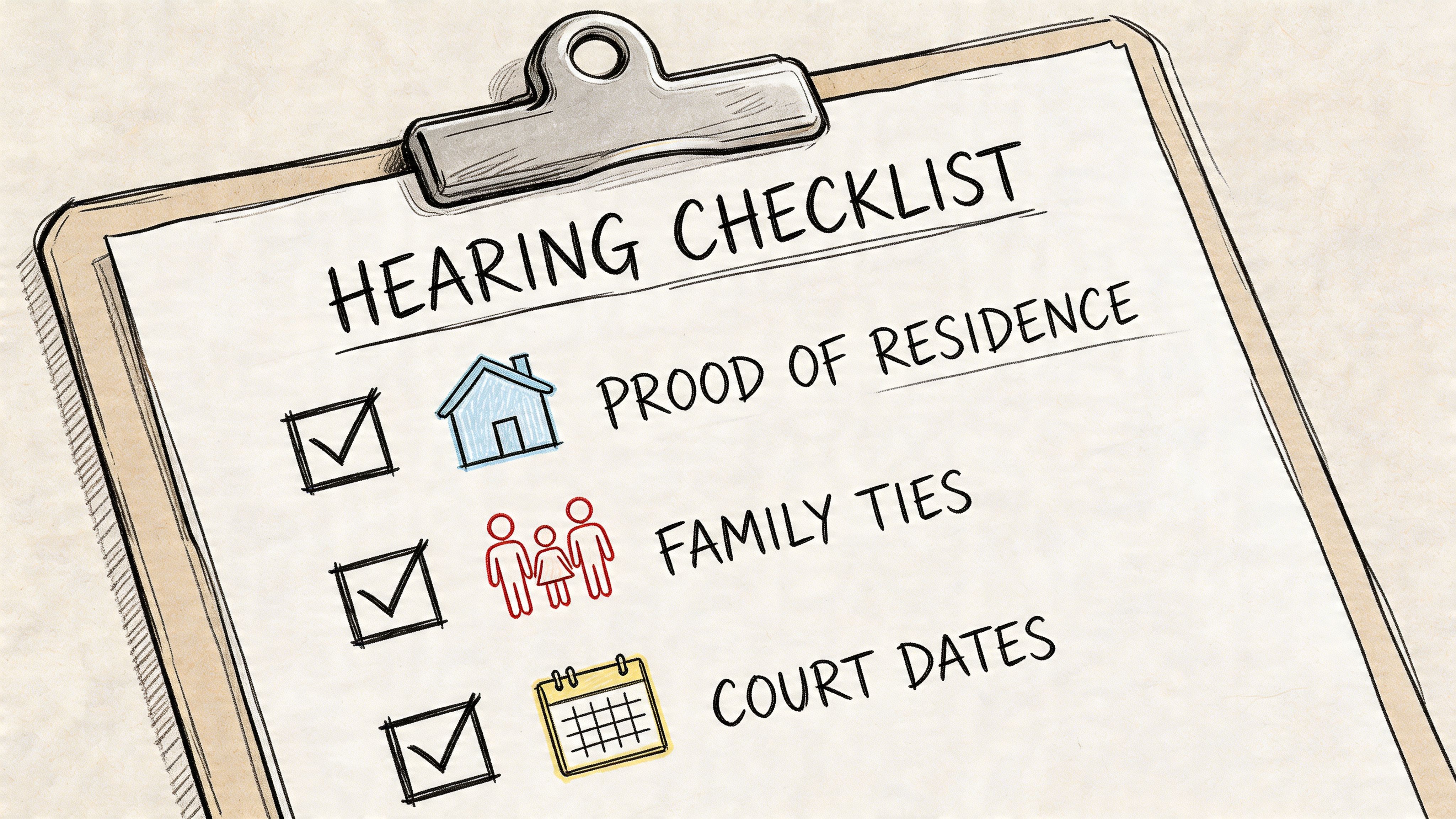 A clipboard showing a hearing checklist with items for proof of residence, family ties, and court dates.