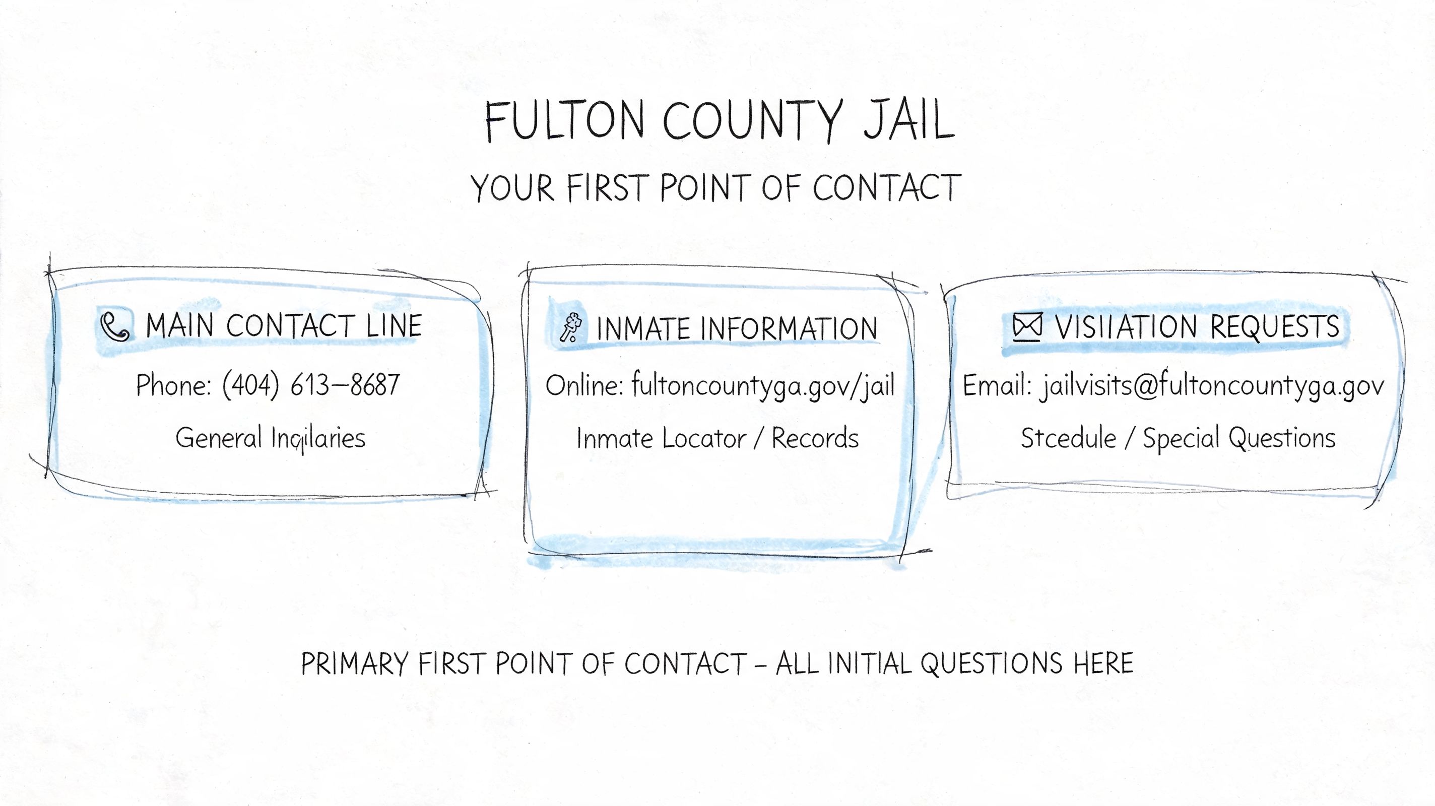 Contact information for Fulton County Jail, including the main phone number, inmate lookup website, and visitation email address.