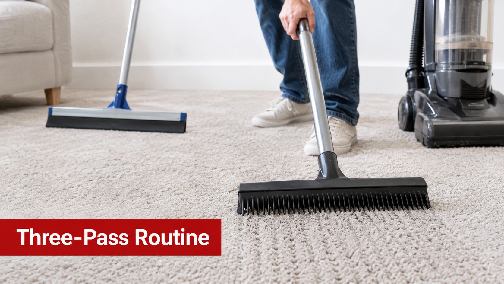 A person using a specialized rubber brush tool to remove pet hair from the carpeted floor.