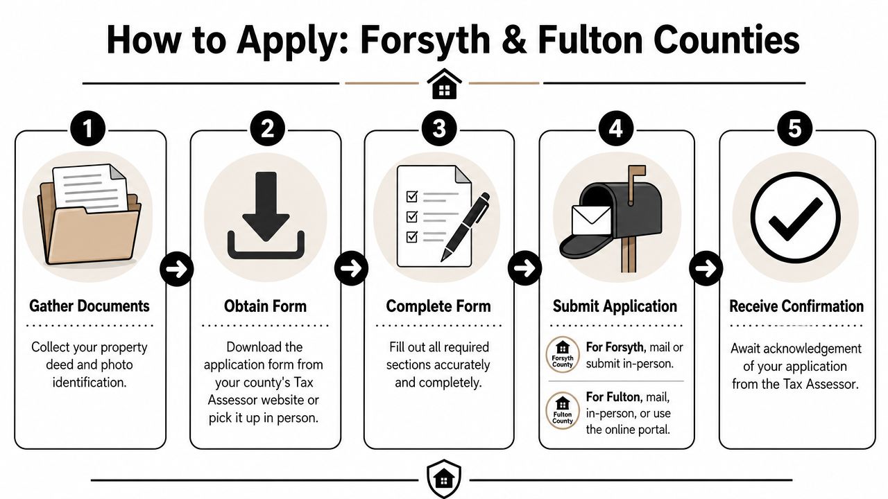 A step-by-step infographic showing how to apply for a homestead exemption in Forsyth and Fulton counties.