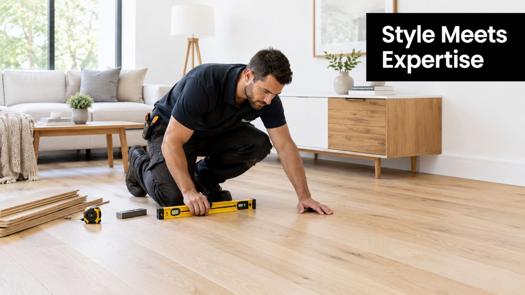 A professional flooring installer kneeling and using a spirit level to check the new maple hardwood flooring.