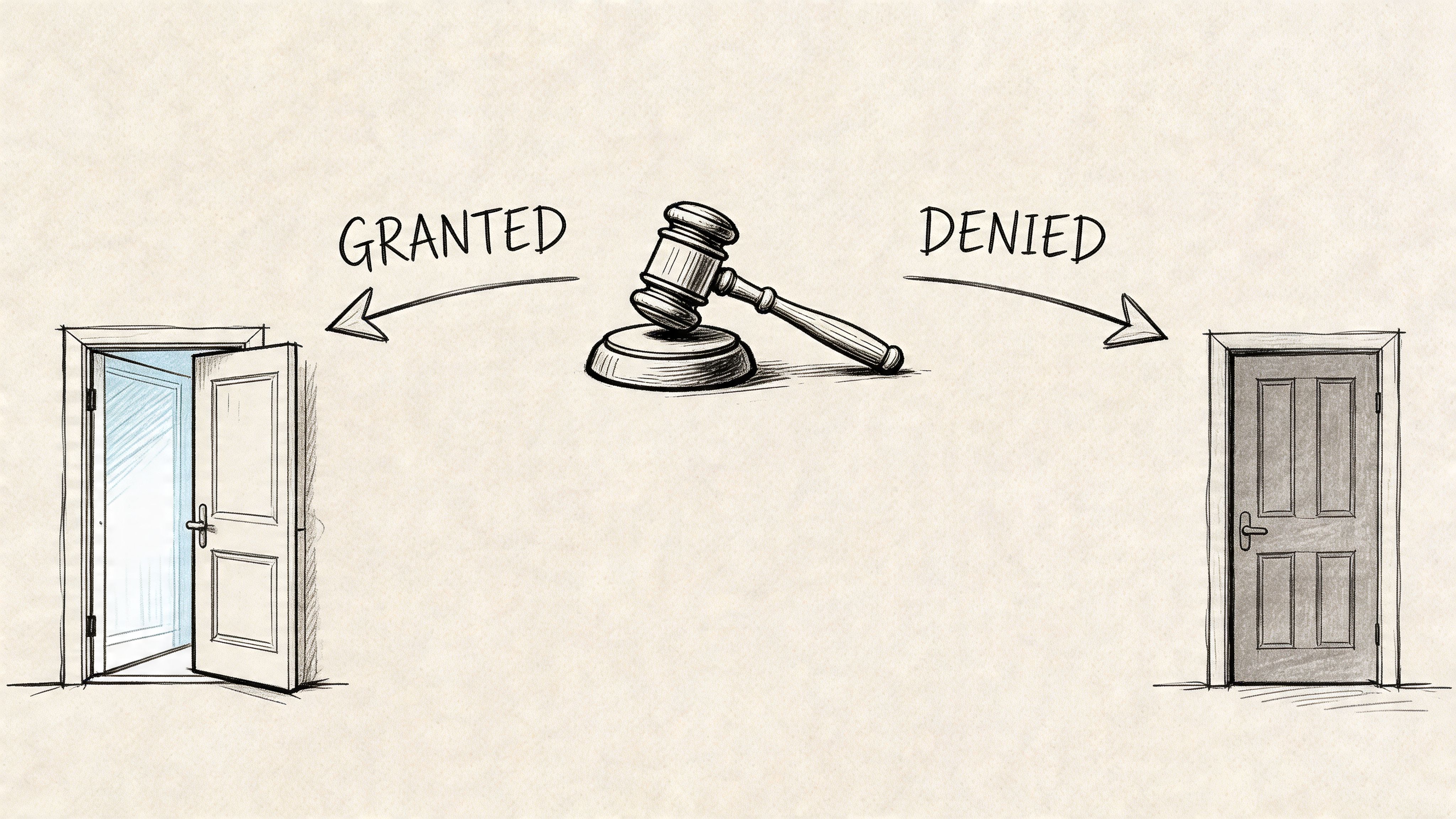 A gavel pointing towards an open door labeled granted and a closed door labeled denied on paper.