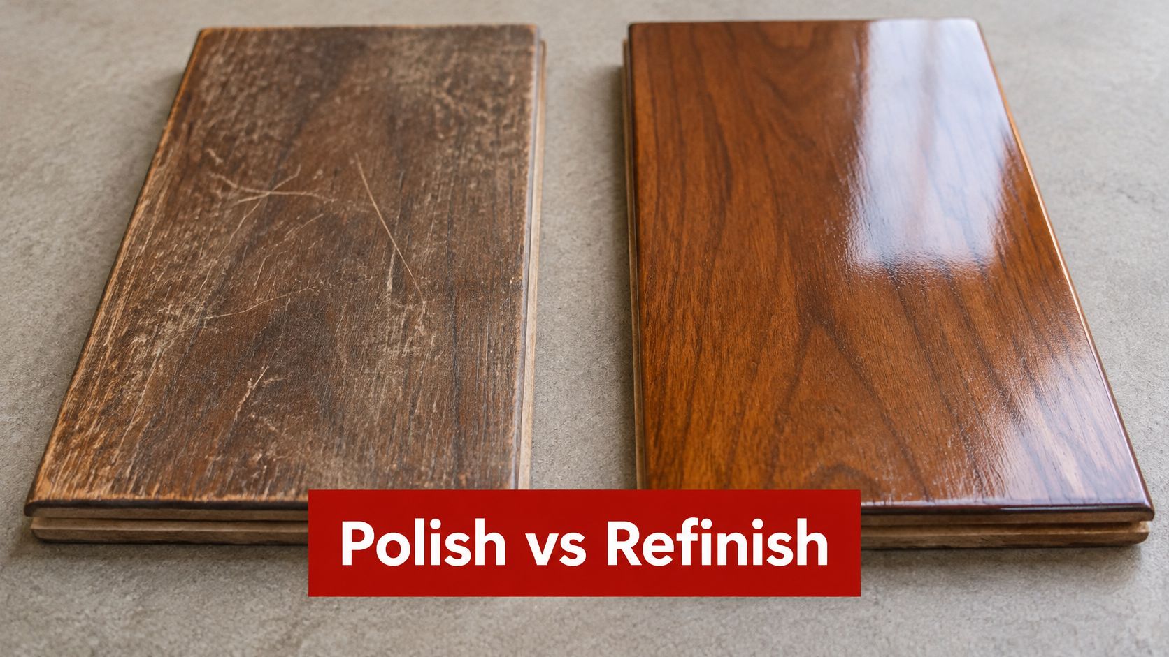 A comparison showing an old, scratched wood floor plank next to a polished, refinished wood floor plank.