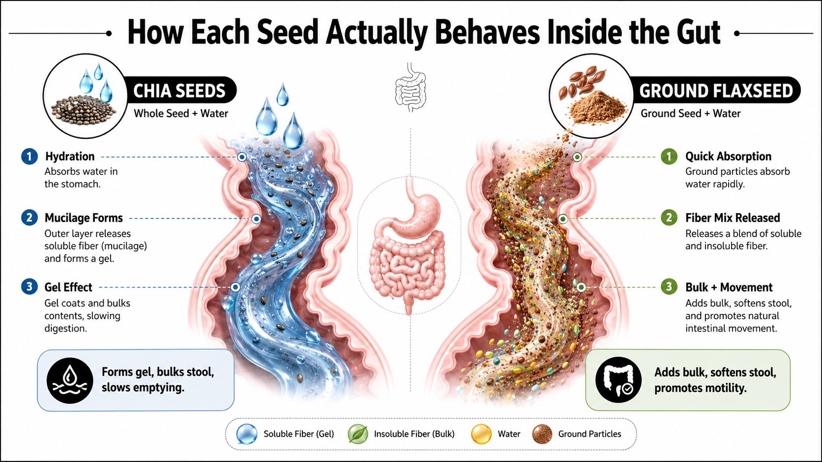An infographic comparing how chia seeds and ground flaxseeds behave during human digestion in the gut.