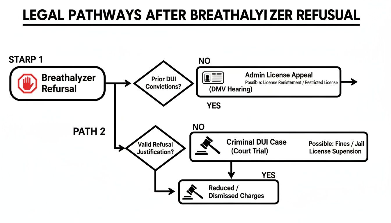 Flowchart detailing legal pathways and consequences after breathalyzer refusal, including DUI convictions and justifications.