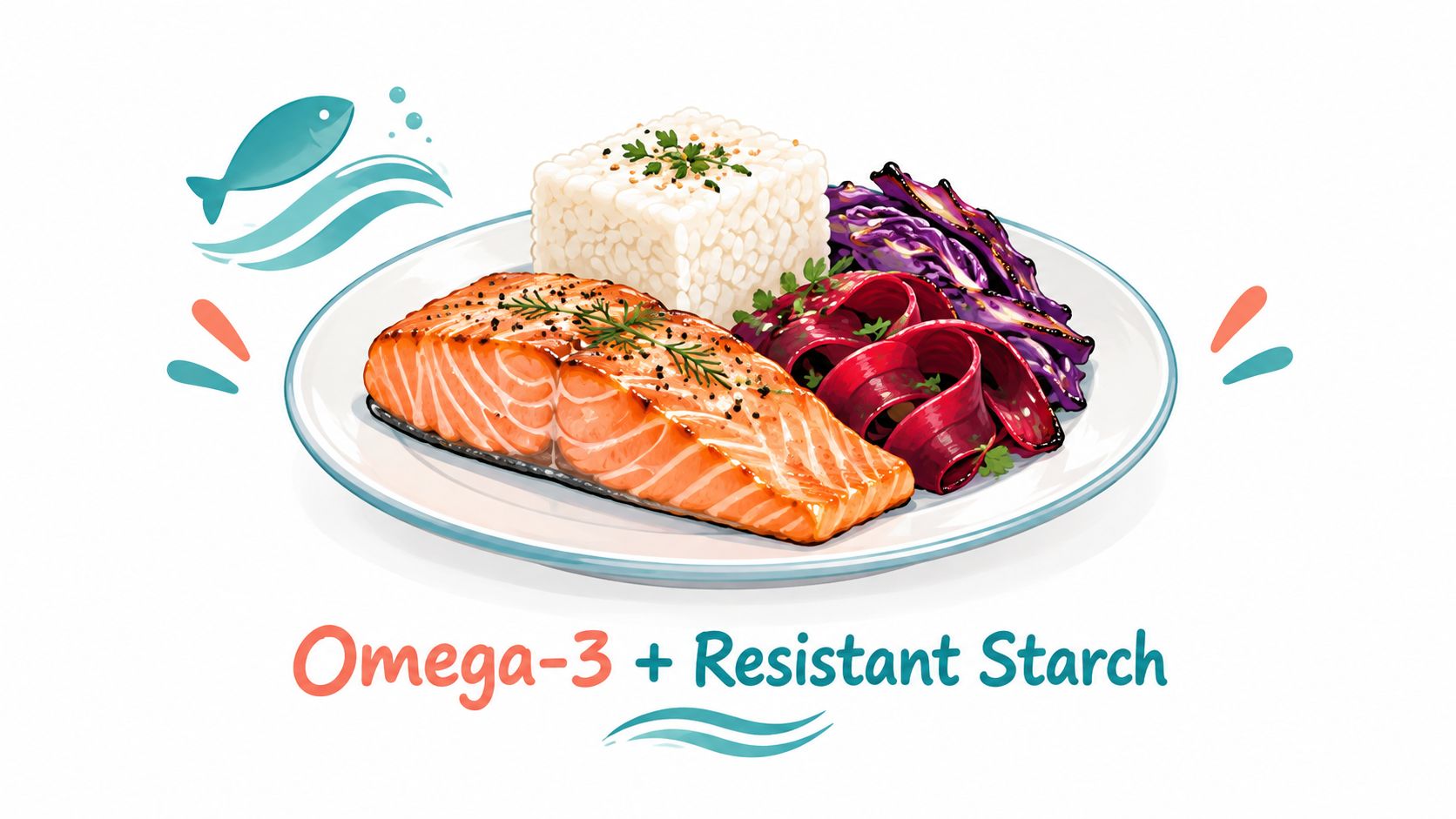 A healthy meal of salmon, rice, and red cabbage on a plate representing omega-3 and resistant starch.