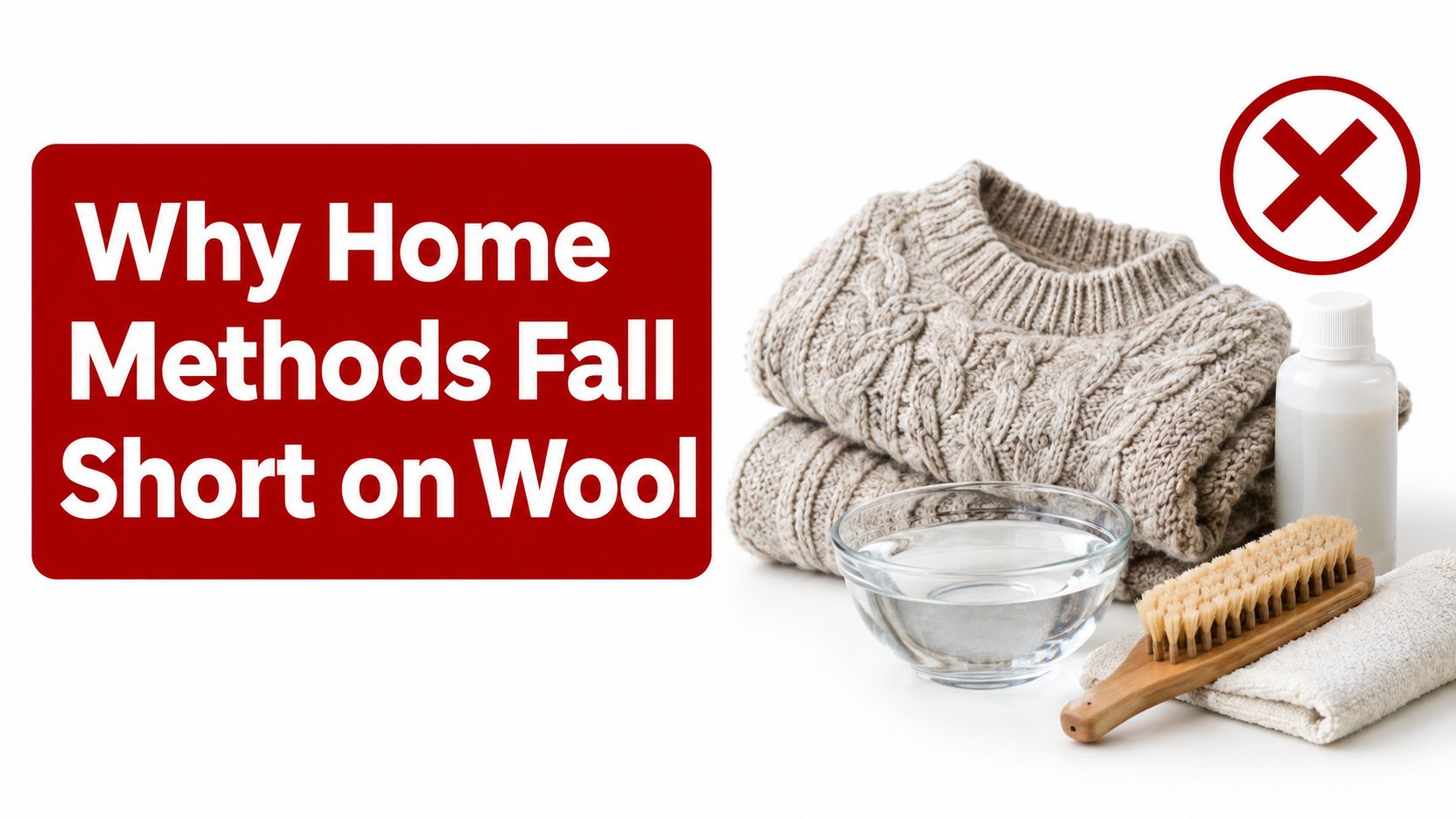 A beige folded wool sweater with a cleaning brush, small bowl of water, and detergent bottle nearby.