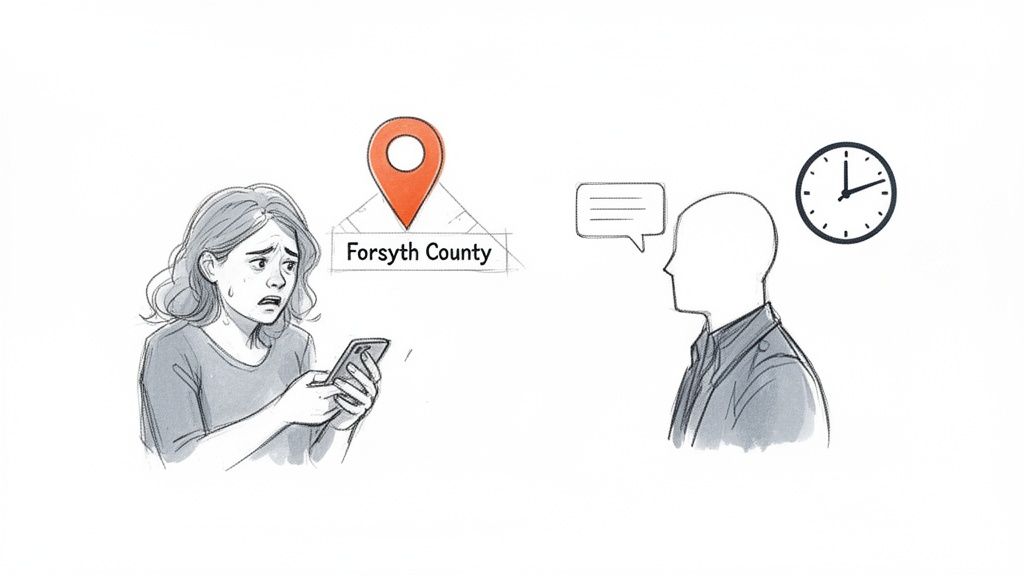 Distressed woman on phone in Forsyth County, seeking urgent help represented by a clock and person speaking.