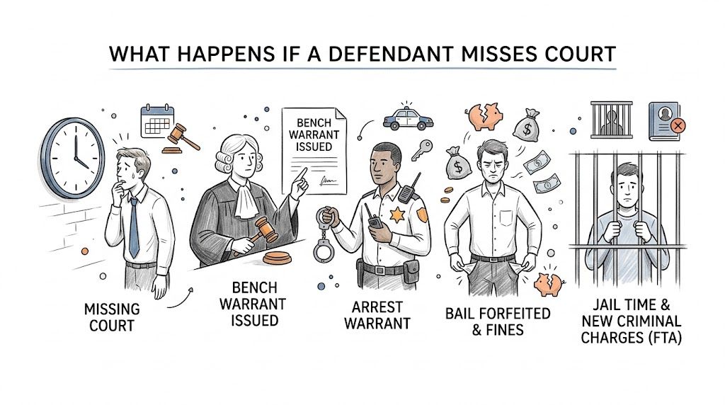 An infographic illustrating the legal consequences of a defendant failing to appear in court as scheduled.