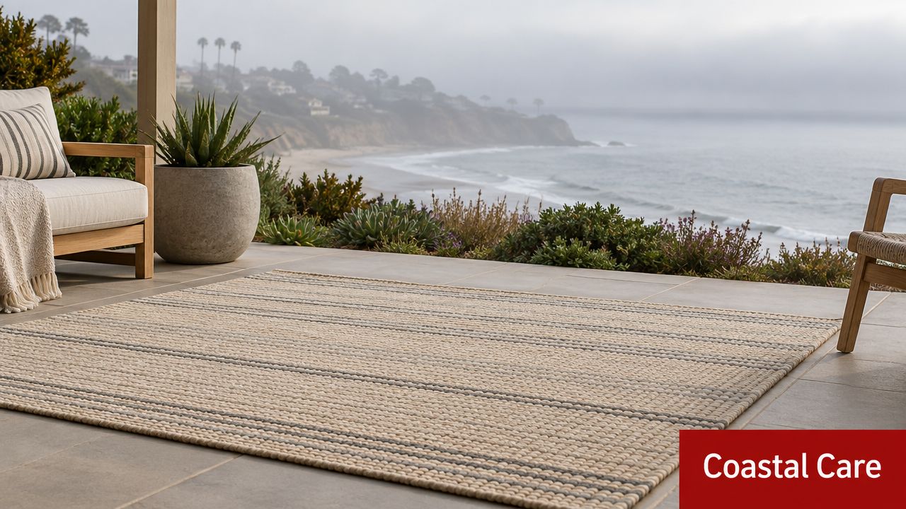 A modern outdoor rug with neutral horizontal stripes placed on a patio overlooking a coastal ocean view.