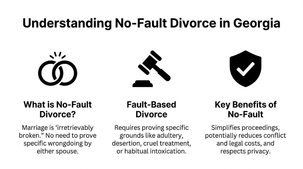 An infographic titled Understanding No-Fault Divorce in Georgia explaining the difference between no-fault and fault-based divorce.