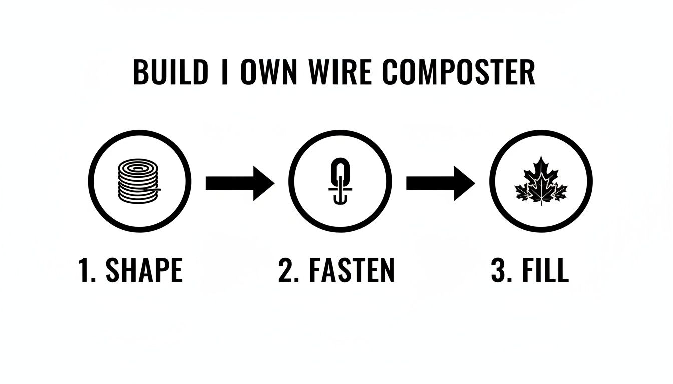 A diagram illustrates three steps to build a wire composter: shape, fasten, and fill.