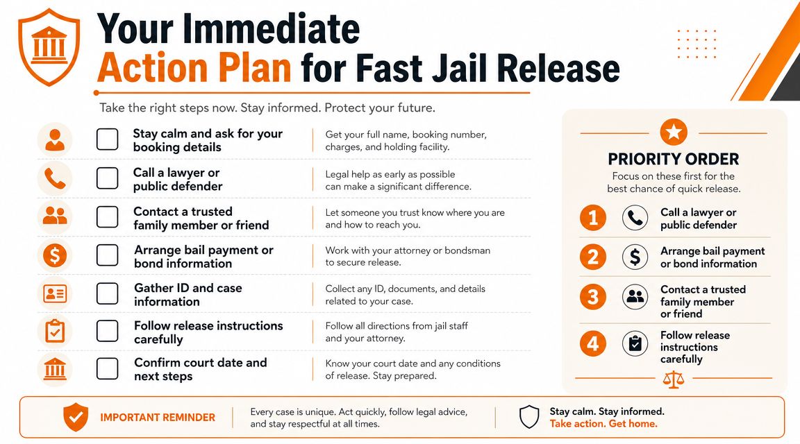An infographic titled Your Immediate Action Plan for Fast Jail Release, outlining steps for quick release from jail.