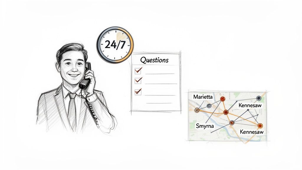 Smiling man on phone, 24/7 service, a checklist, and a map of Cobb County locations.