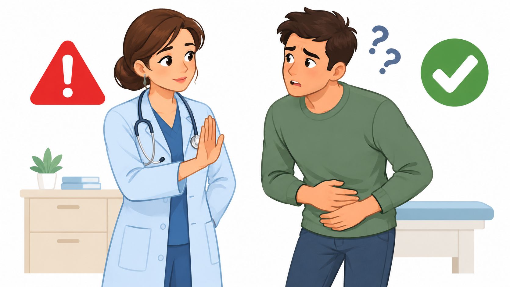 A doctor raising her hand in a stop gesture while a male patient experiences stomach pain symptoms.