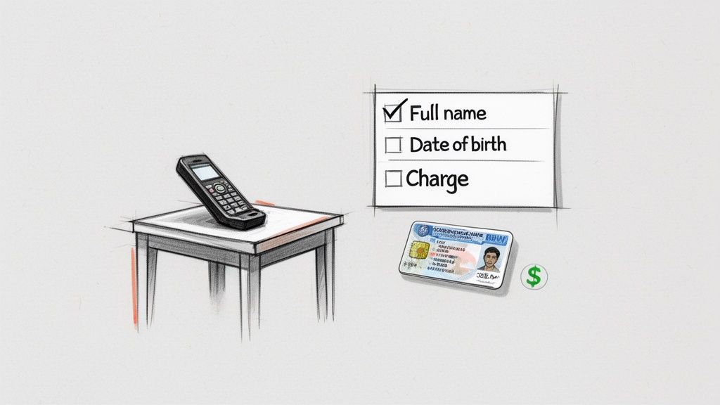 An illustration showing a phone, a checklist with 'Full name' checked, an ID card, and a dollar sign.