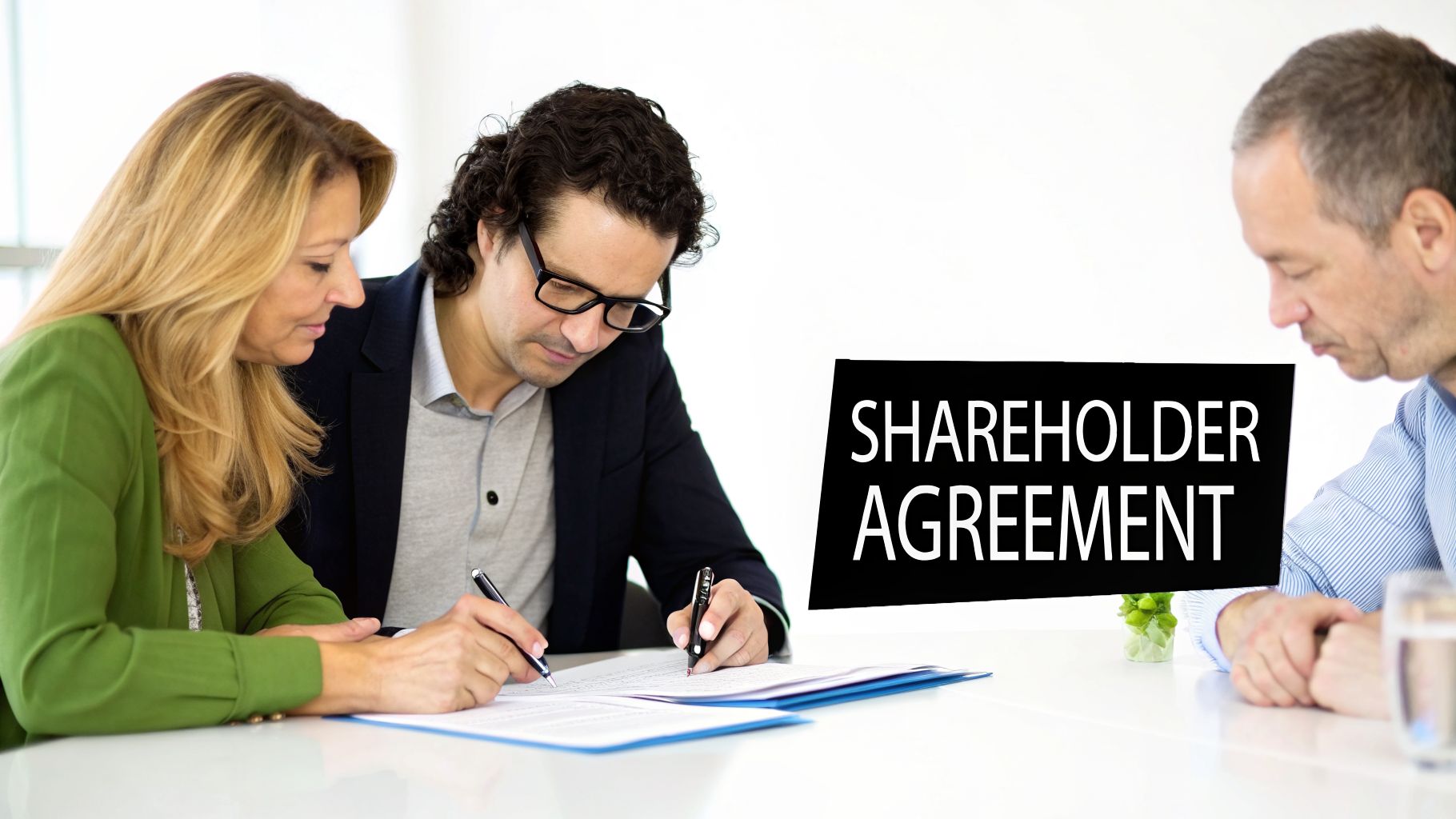 Business professionals signing a shareholder agreement document at a meeting.