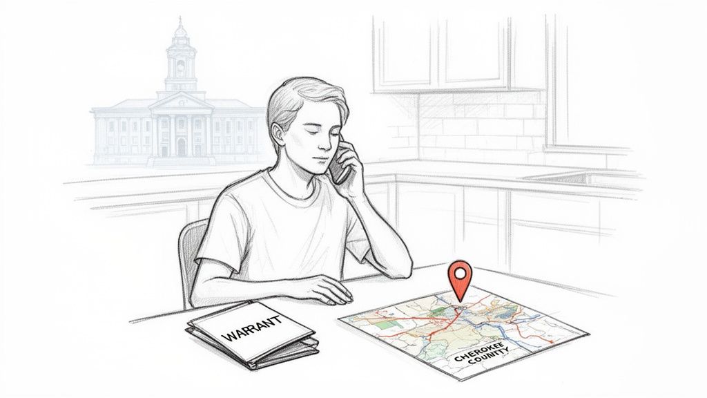 A young person on the phone, looking at a map and a document labeled 'WARRANT' on a table, possibly seeking legal advice.