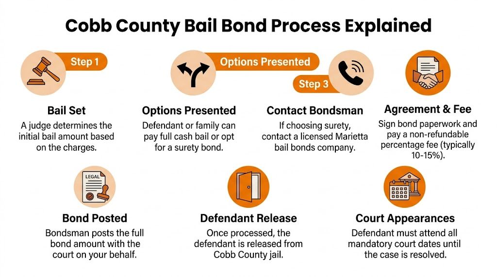 A diagram illustrating the Cobb County bail bond process from initial bail setting to court appearances.