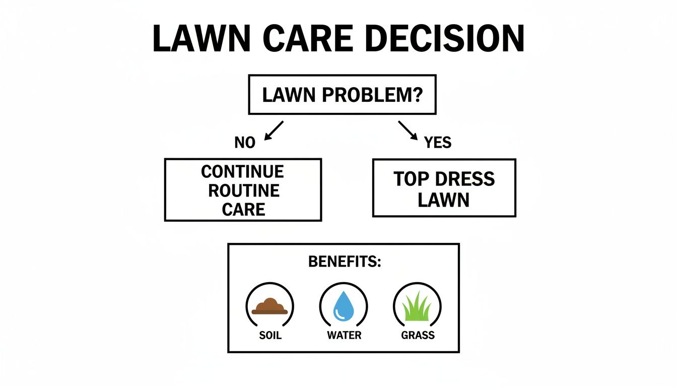 Flowchart showing lawn care decision: if no problem, continue routine care; if yes, top dress for soil, water, grass benefits.
