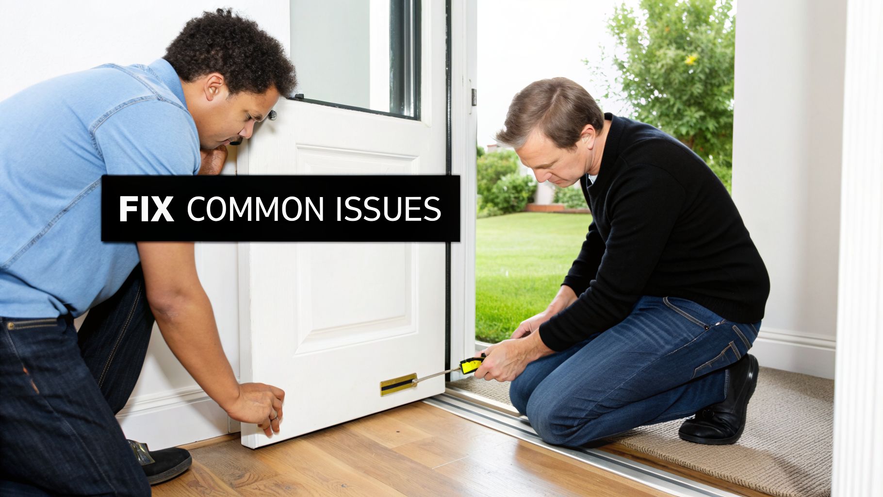 Two men installing or repairing a transition strip at the bottom of a door.