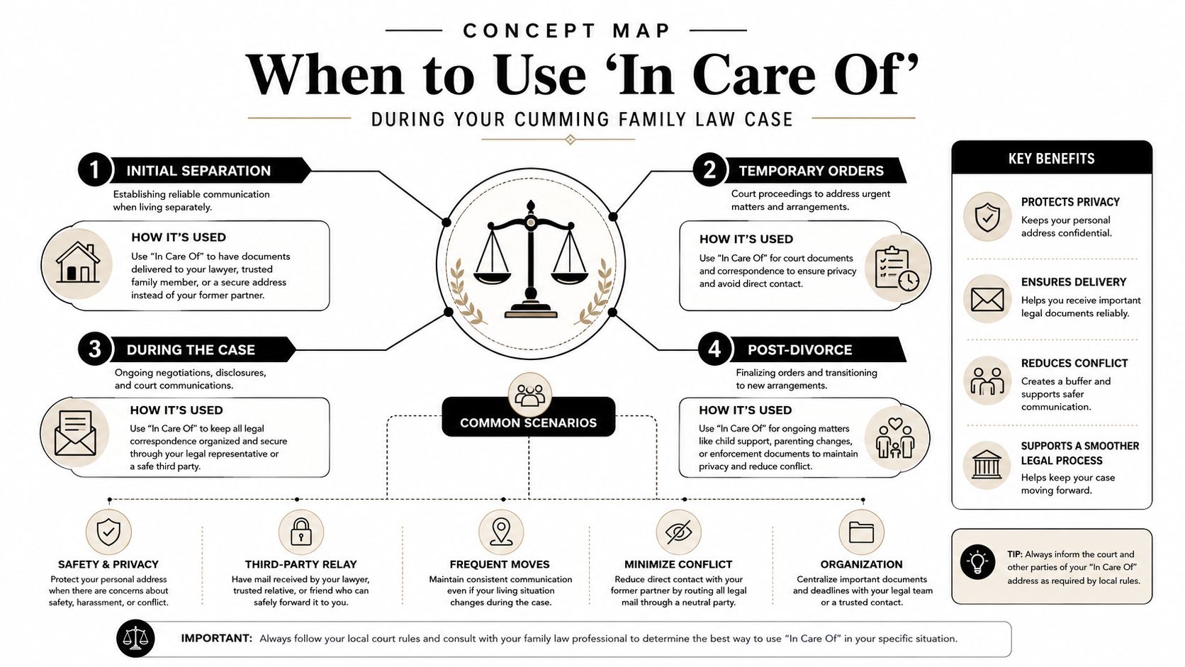 A concept map infographic explaining when to use 'In Care Of' for family law legal correspondence.