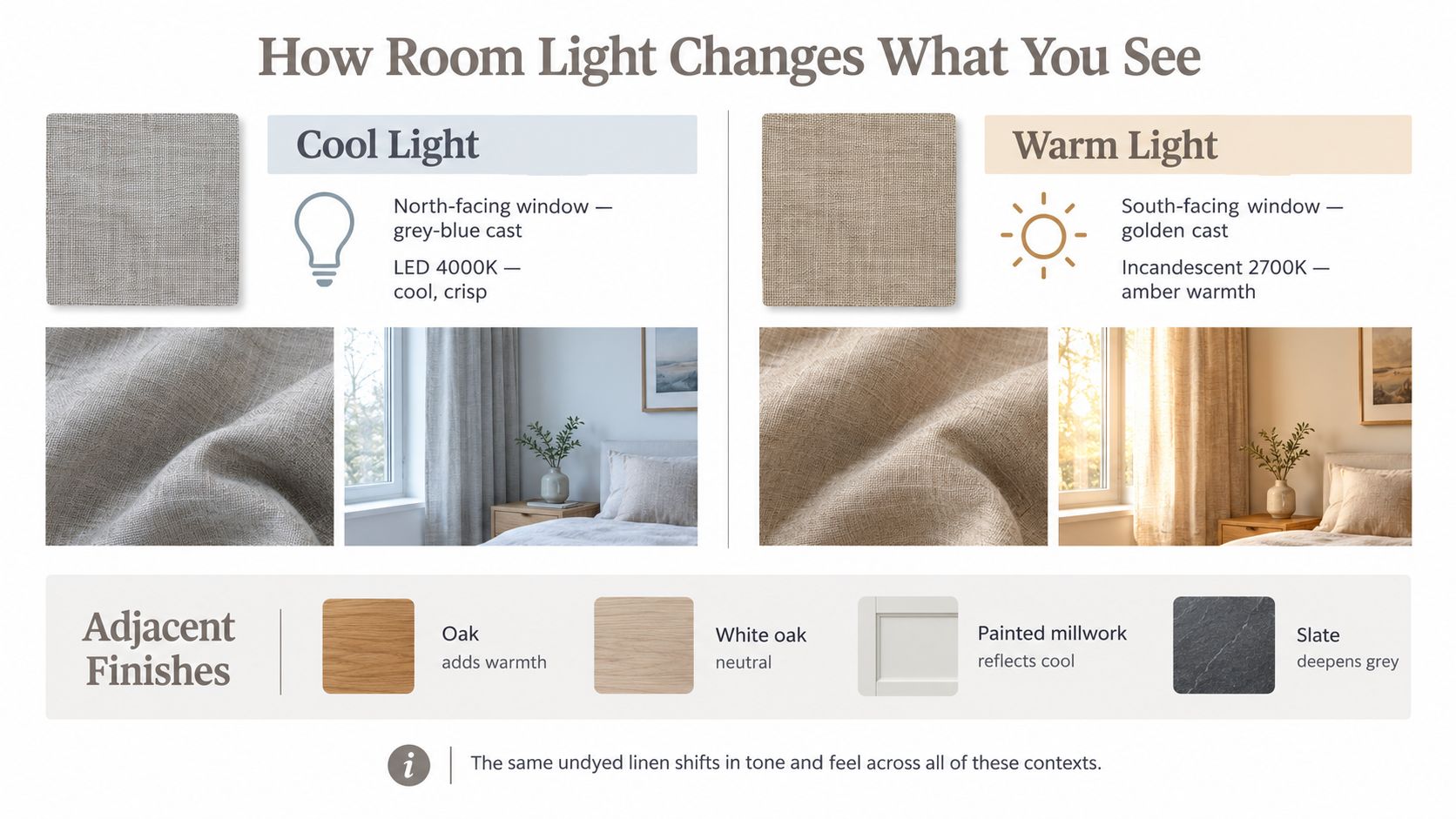 An infographic showing how different room lighting conditions affect the appearance of natural undyed linen fabric.