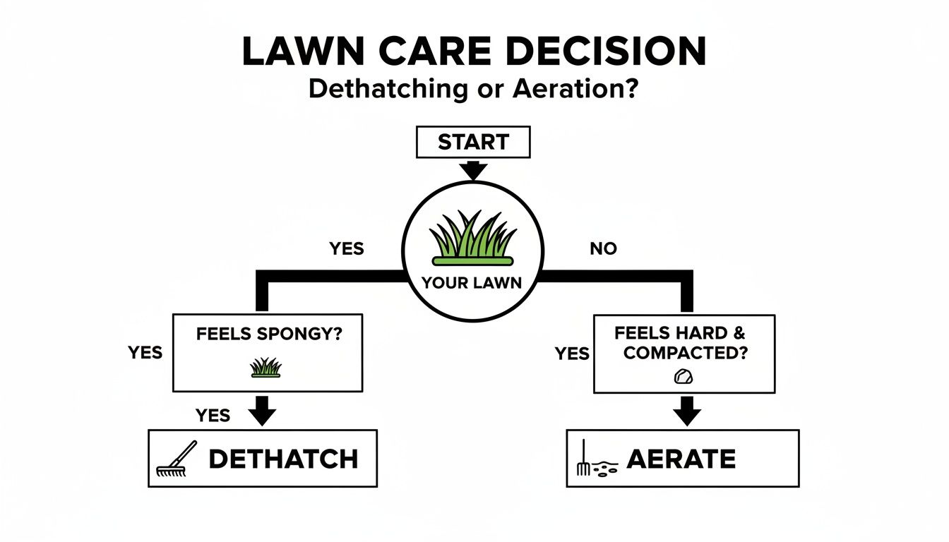 Flowchart guiding users on whether to dethatch or aerate their lawn based on if it feels spongy or hard and compacted.