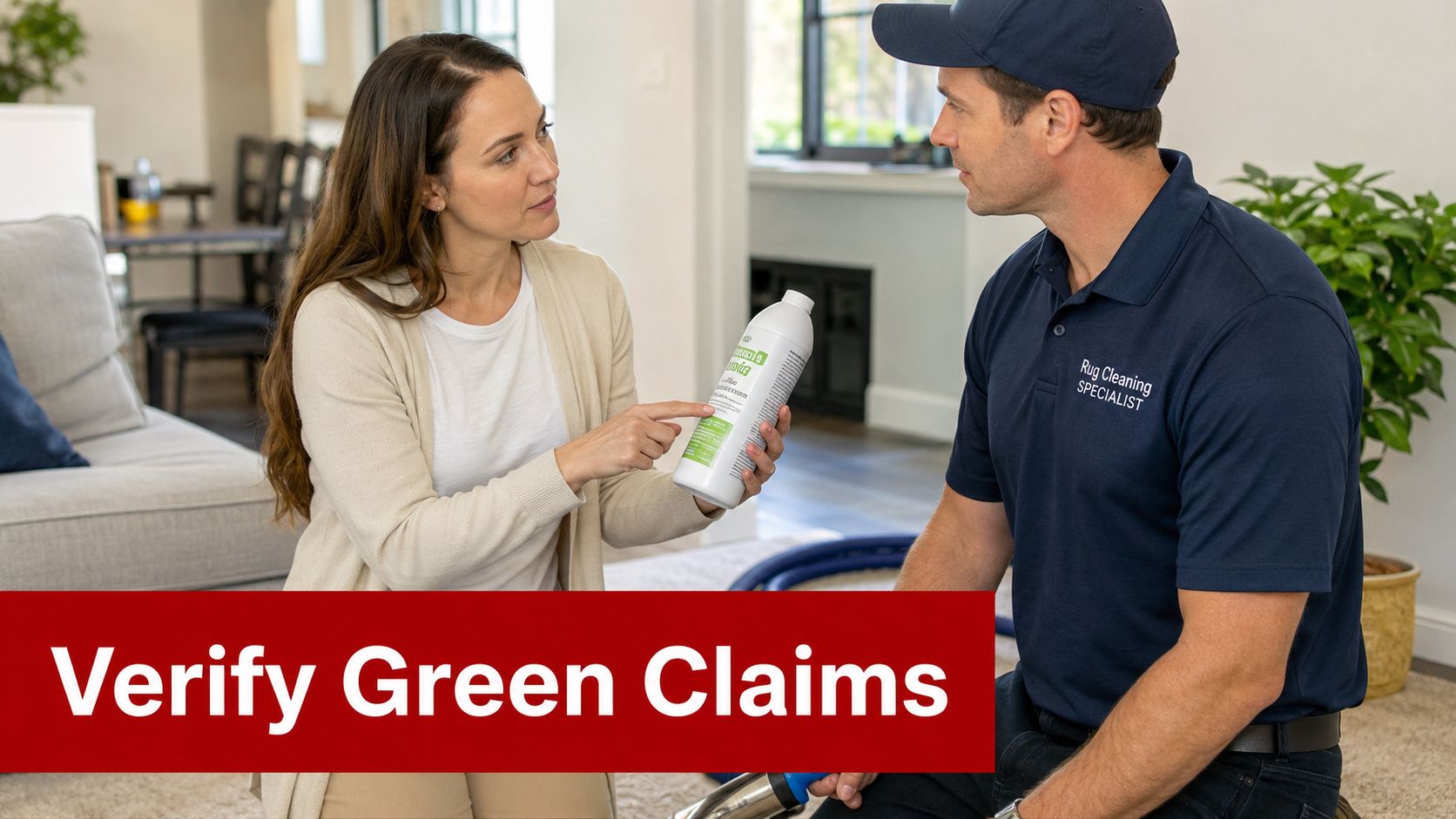 A woman discussing cleaning products with a professional carpet cleaning specialist in a modern living room setting.
