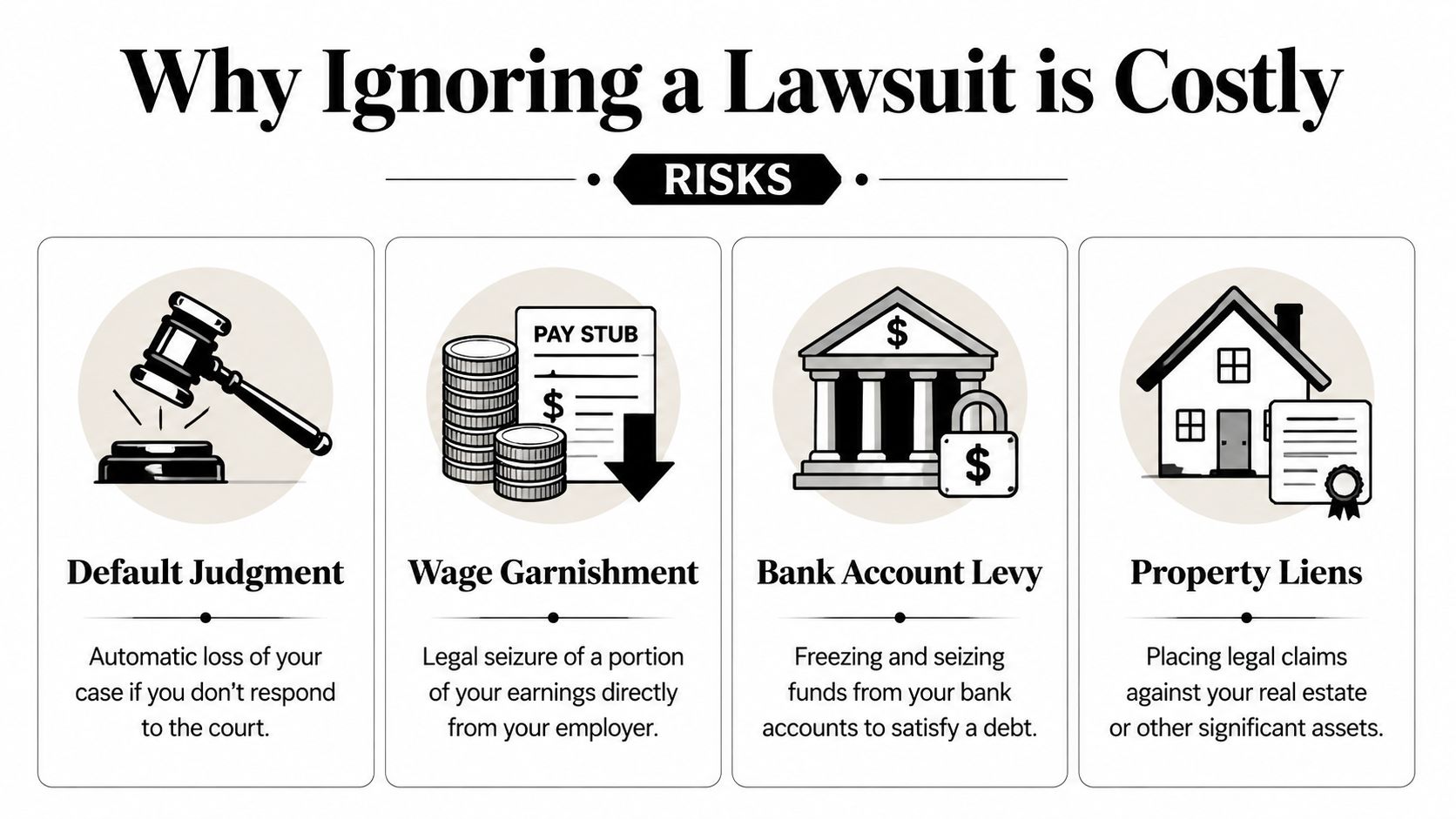 An infographic titled Why Ignoring a Lawsuit is Costly outlining four major financial risks of ignoring court cases.