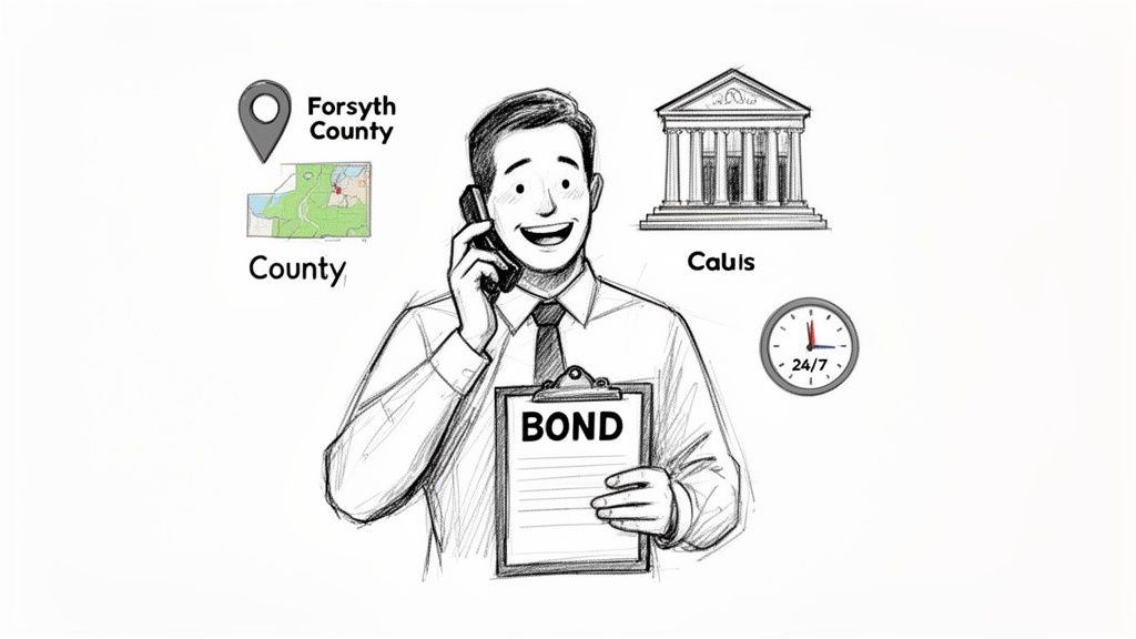 Smiling man on phone with a bond document, surrounded by icons for county, court, and 24/7 service.