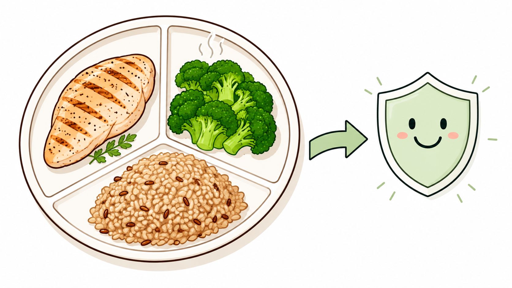 A healthy plate divided into sections with grilled chicken, broccoli, and brown rice, indicating immune support.