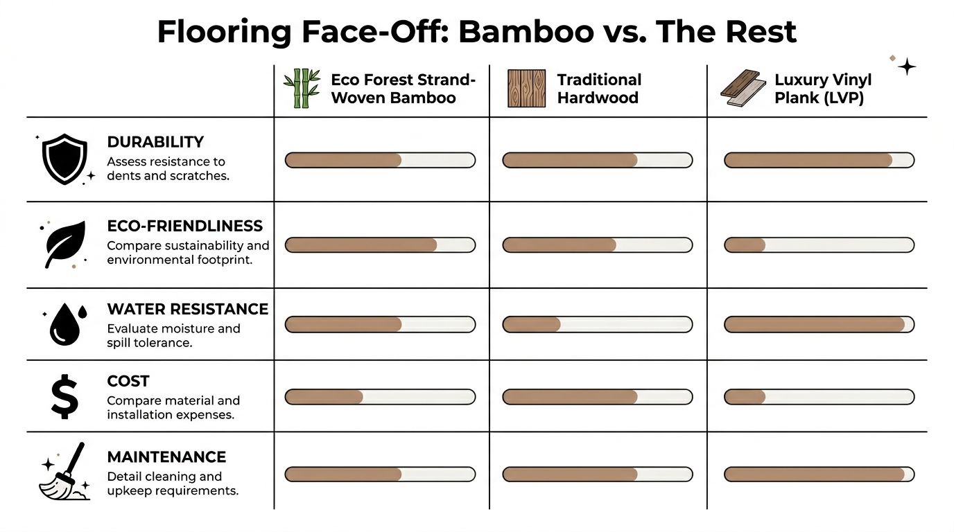 A comparison chart showing features like durability, eco-friendliness, water resistance, cost, and maintenance for flooring types.