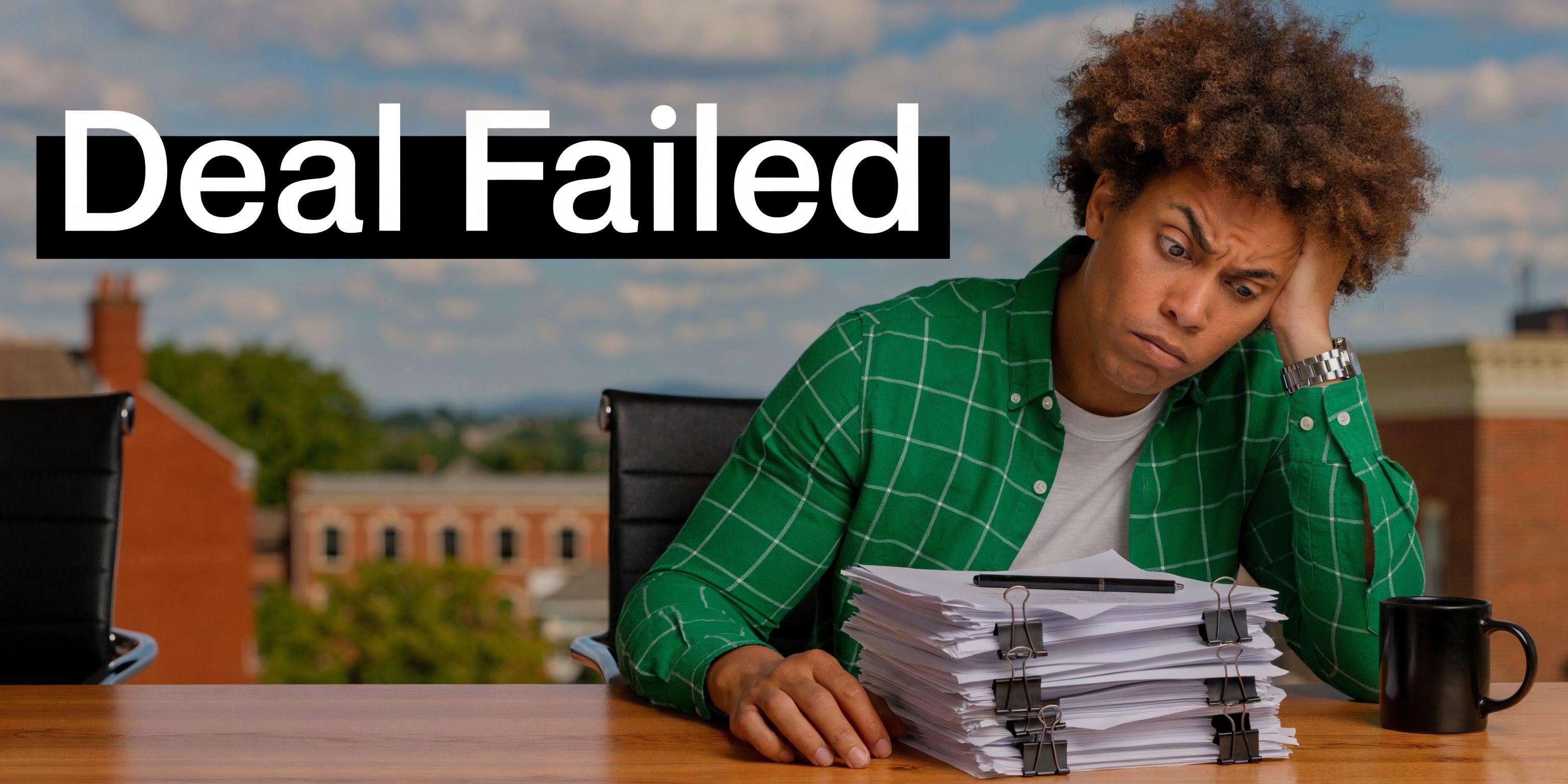 A frustrated man sits at a desk with a large stack of paperwork after a deal failed.