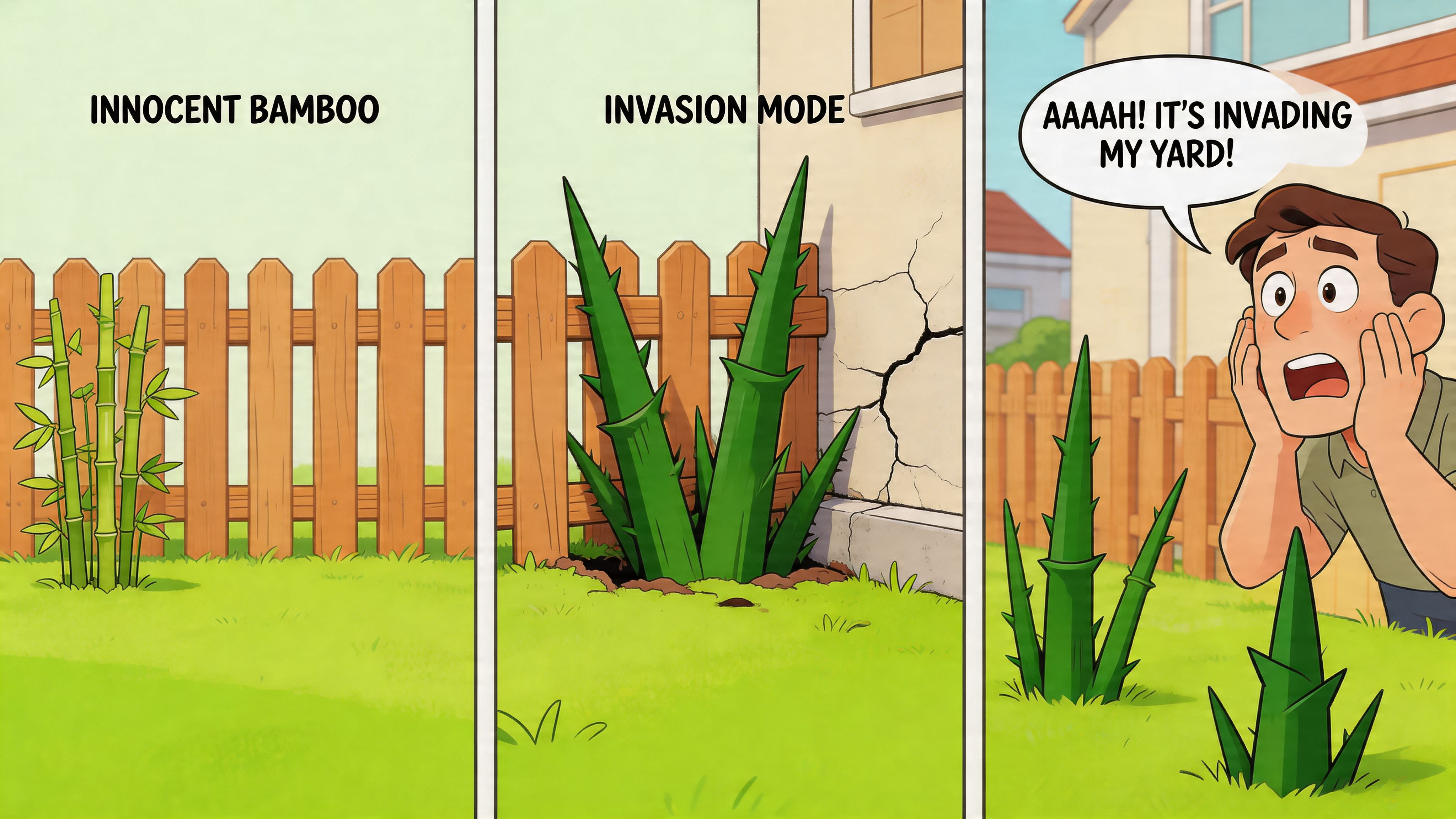 A three-panel comic strip showing bamboo growing innocently then spreading aggressively, alarming a homeowner.