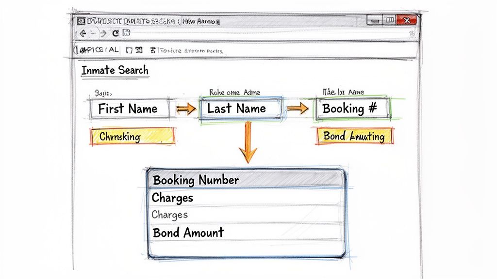 Hand-drawn wireframe for an inmate search application showing input fields and result display.