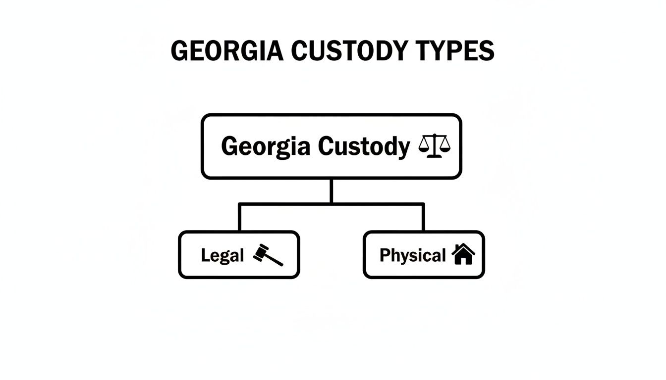 A flowchart titled 'Georgia Custody Types' showing legal custody and physical custody.