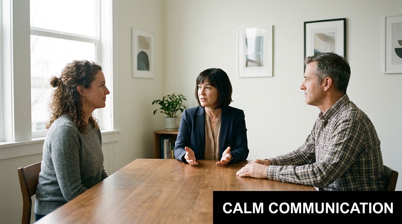 A mediator discusses options with a couple sitting at a wooden table during a therapy session.