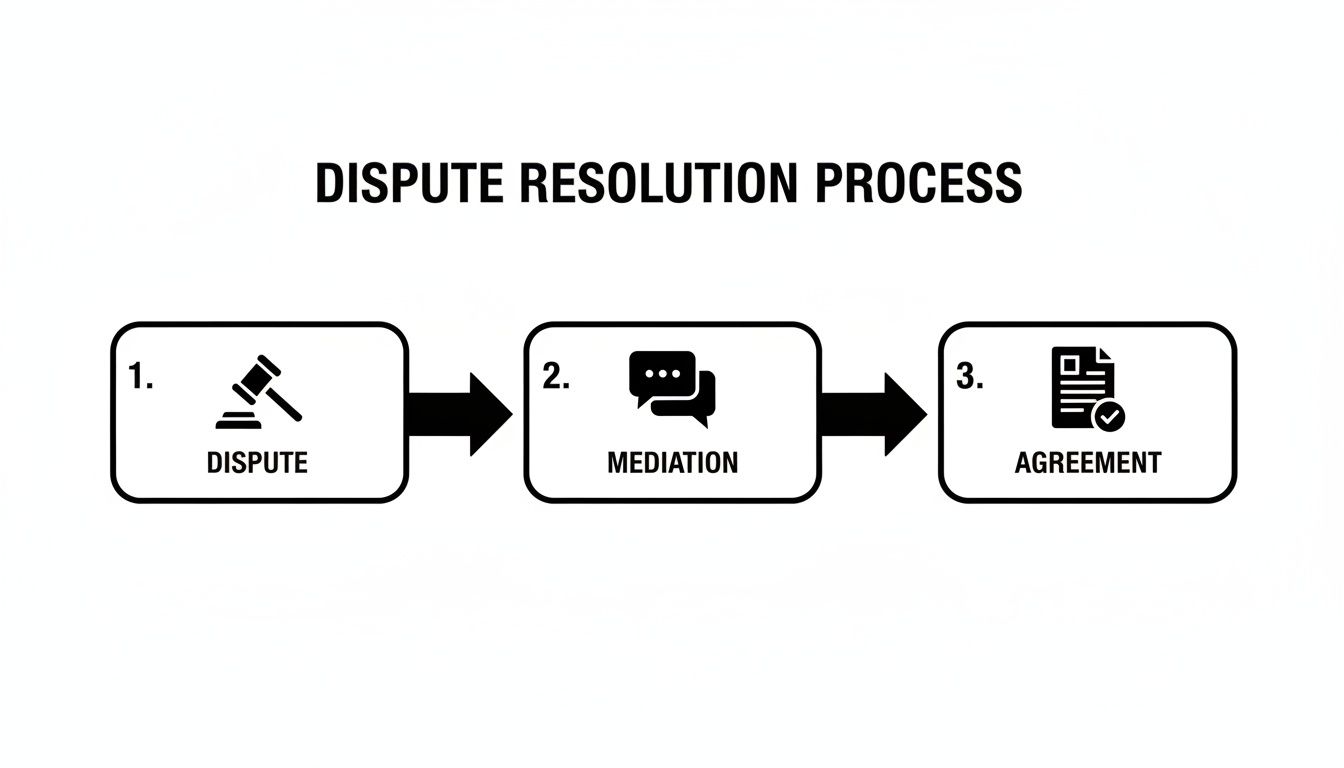 Flowchart showing the three steps of dispute resolution: dispute, mediation, and agreement.